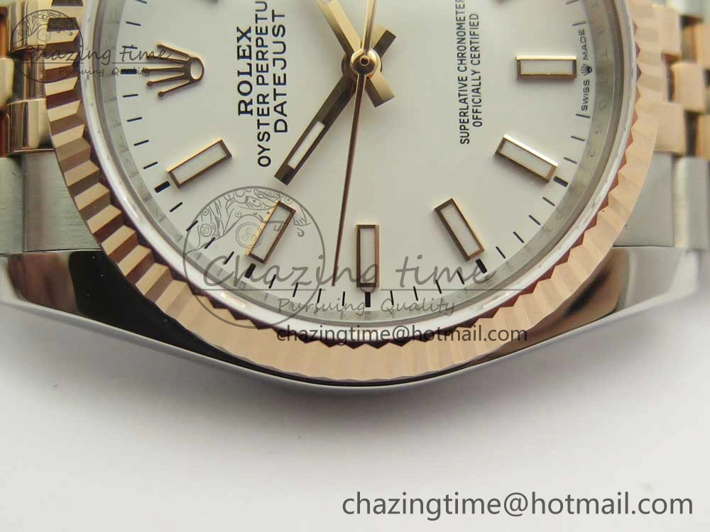 Snug DateJust 36 SS RG 116231 RZF Best Edition 904L Steel White Dial Stick Markers on SS RG Bracelet A 10617