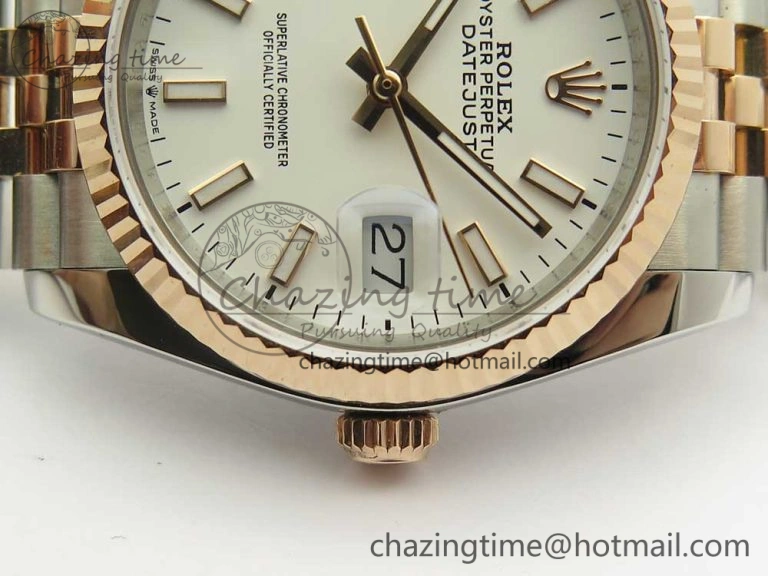 Snug DateJust 36 SS RG 116231 RZF Best Edition 904L Steel White Dial Stick Markers on SS RG Bracelet A 10617
