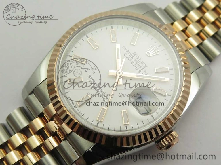 Snug DateJust 36 SS RG 116231 RZF Best Edition 904L Steel White Dial Stick Markers on SS RG Bracelet A 10617