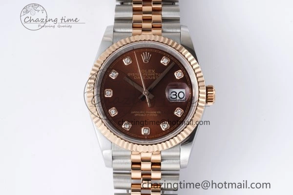 FlexibleFit DateJust 36 SS RG 126231 JDF RG Plated 904L Steel Brown Dial Diamonds Markers on Jubilee Bracelet V 1749