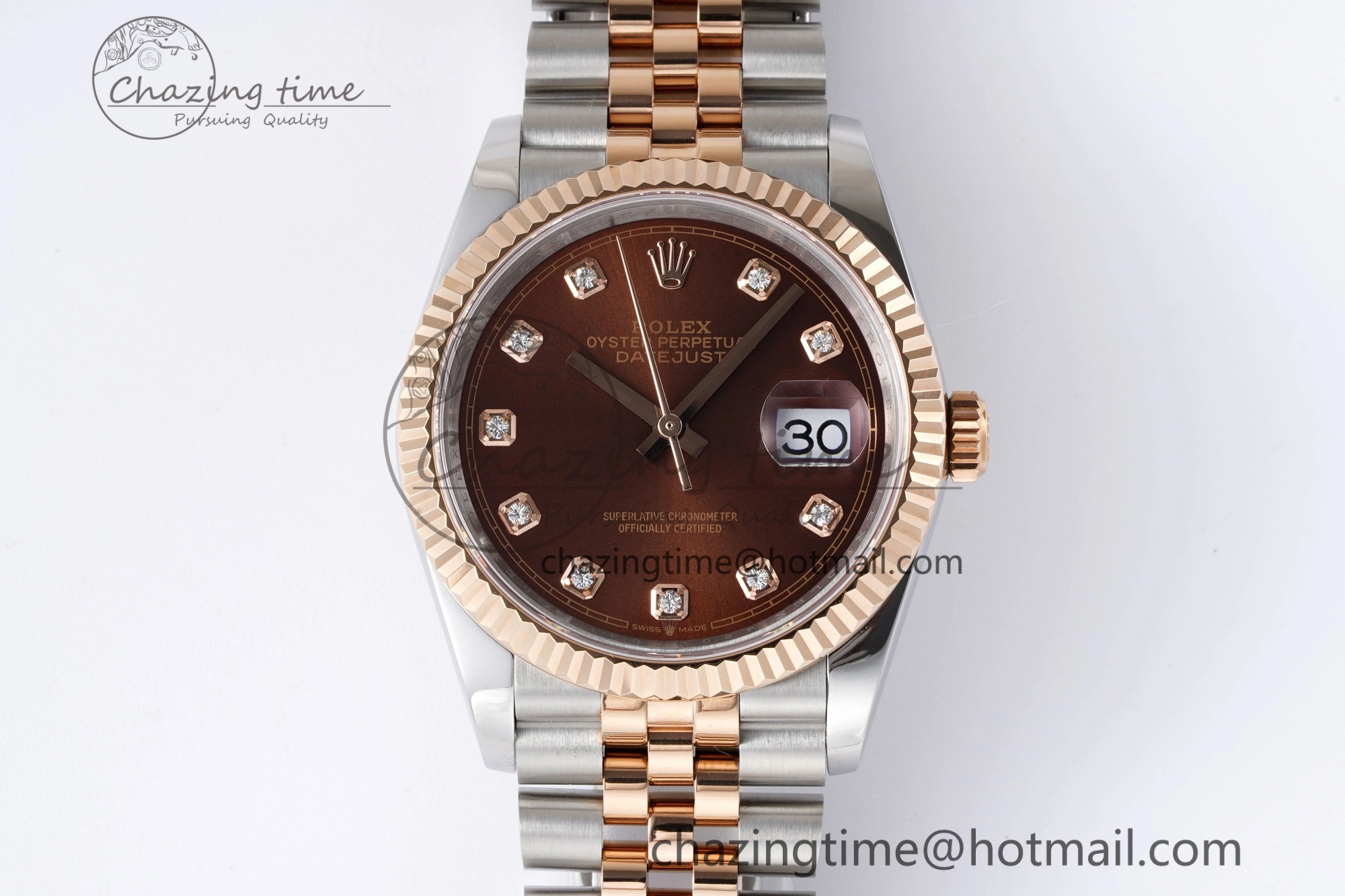 FlexibleFit DateJust 36 SS RG 126231 JDF RG Plated 904L Steel Brown Dial Diamonds Markers on Jubilee Bracelet V 1749