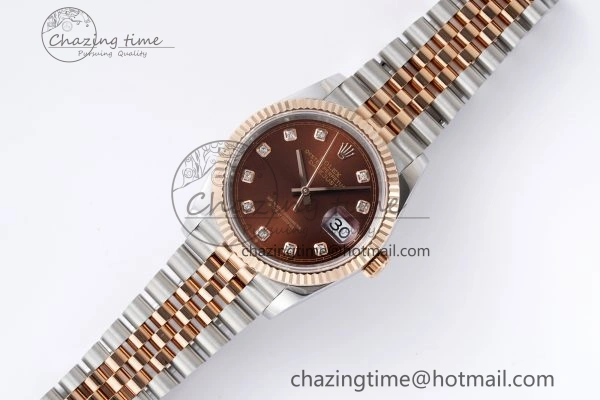 FlexibleFit DateJust 36 SS RG 126231 JDF RG Plated 904L Steel Brown Dial Diamonds Markers on Jubilee Bracelet V 1749