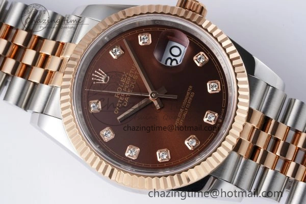 FlexibleFit DateJust 36 SS RG 126231 JDF RG Plated 904L Steel Brown Dial Diamonds Markers on Jubilee Bracelet V 1749
