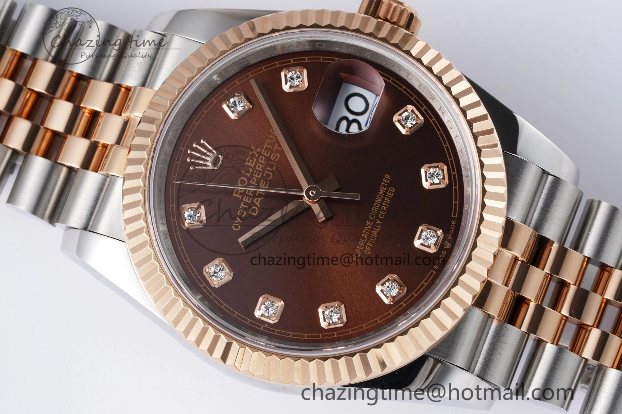 FlexibleFit DateJust 36 SS RG 126231 JDF RG Plated 904L Steel Brown Dial Diamonds Markers on Jubilee Bracelet V 1749