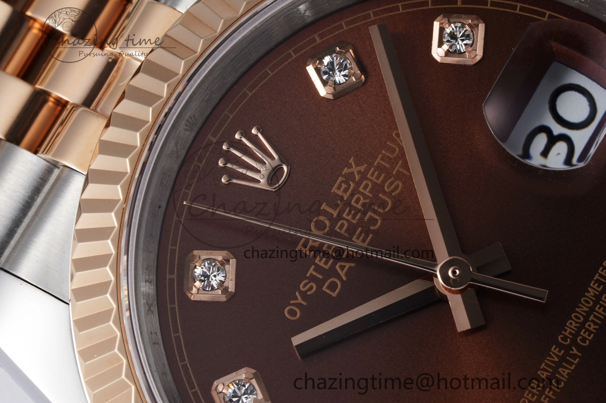 FlexibleFit DateJust 36 SS RG 126231 JDF RG Plated 904L Steel Brown Dial Diamonds Markers on Jubilee Bracelet V 1749