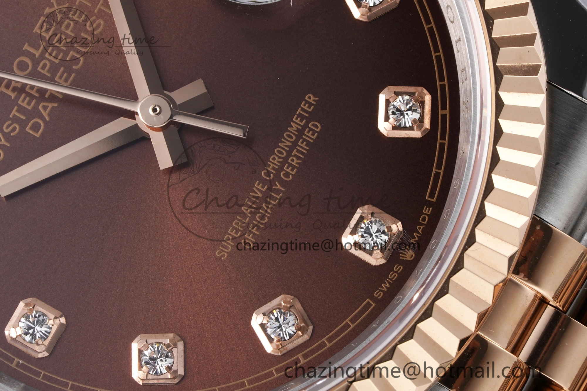 FlexibleFit DateJust 36 SS RG 126231 JDF RG Plated 904L Steel Brown Dial Diamonds Markers on Jubilee Bracelet V 1749