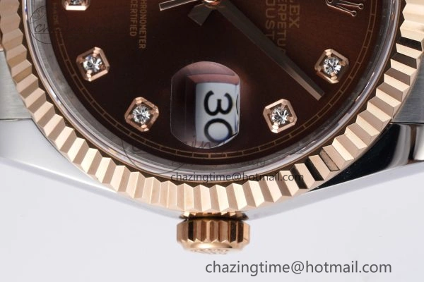 FlexibleFit DateJust 36 SS RG 126231 JDF RG Plated 904L Steel Brown Dial Diamonds Markers on Jubilee Bracelet V 1749