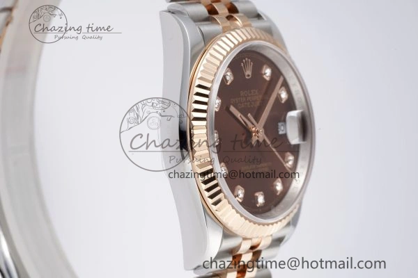 FlexibleFit DateJust 36 SS RG 126231 JDF RG Plated 904L Steel Brown Dial Diamonds Markers on Jubilee Bracelet V 1749