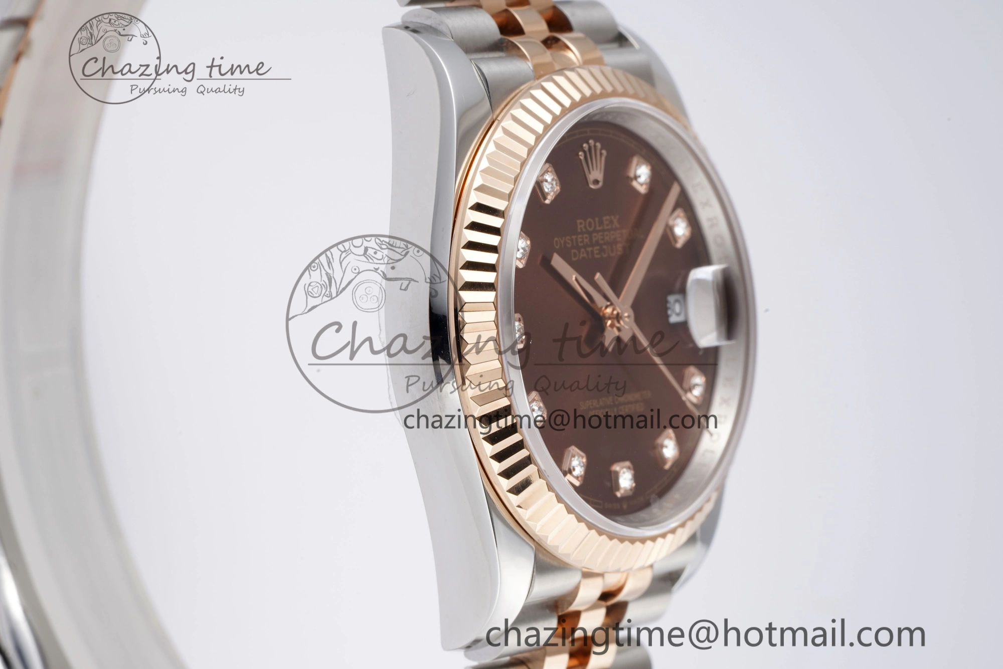 FlexibleFit DateJust 36 SS RG 126231 JDF RG Plated 904L Steel Brown Dial Diamonds Markers on Jubilee Bracelet V 1749