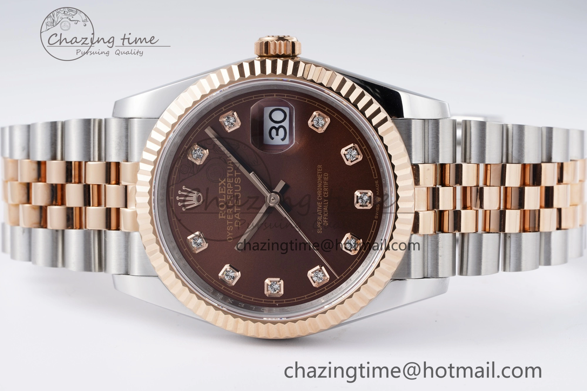 FlexibleFit DateJust 36 SS RG 126231 JDF RG Plated 904L Steel Brown Dial Diamonds Markers on Jubilee Bracelet V 1749