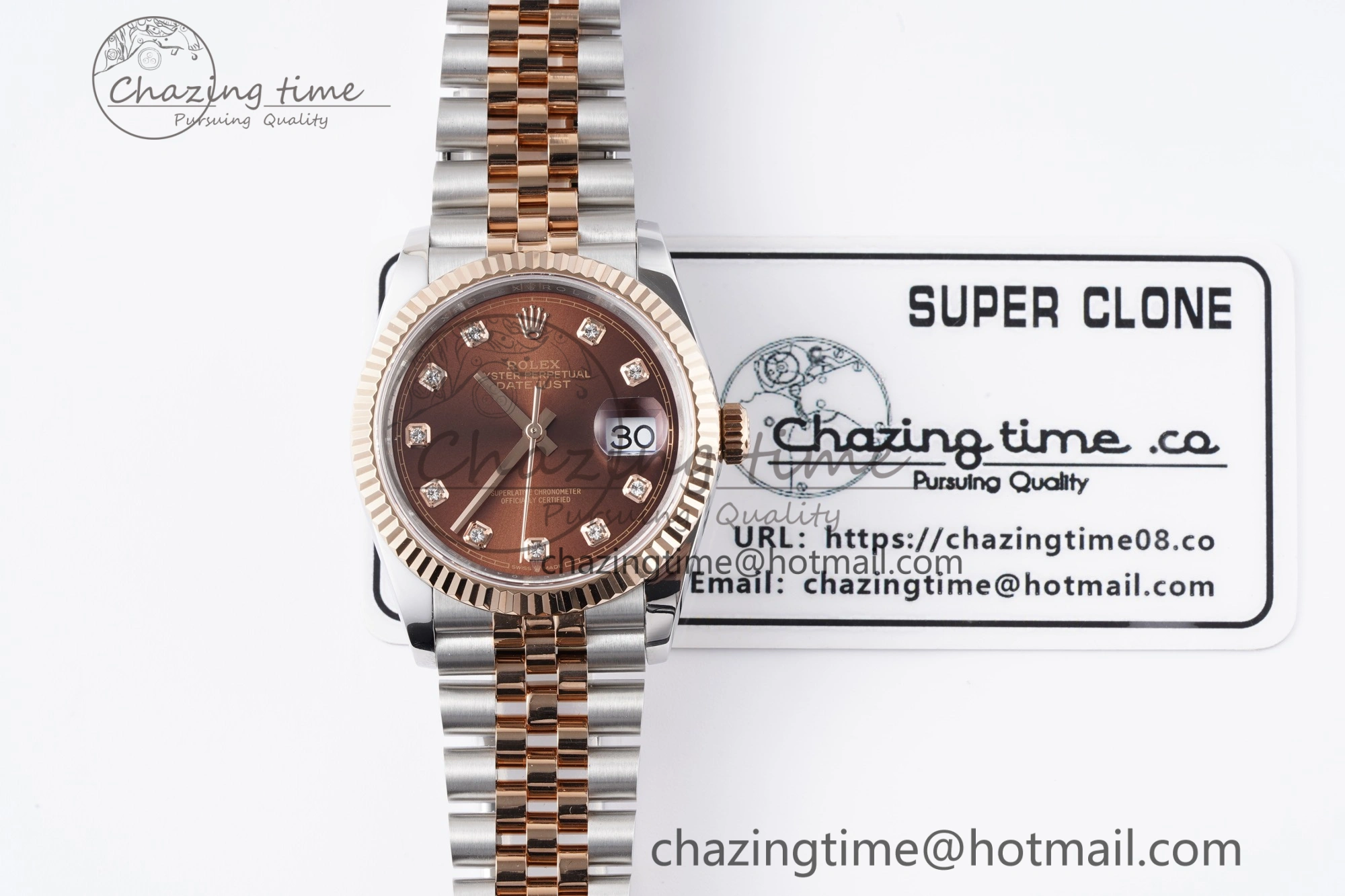 FlexibleFit DateJust 36 SS RG 126231 JDF RG Plated 904L Steel Brown Dial Diamonds Markers on Jubilee Bracelet V 1749