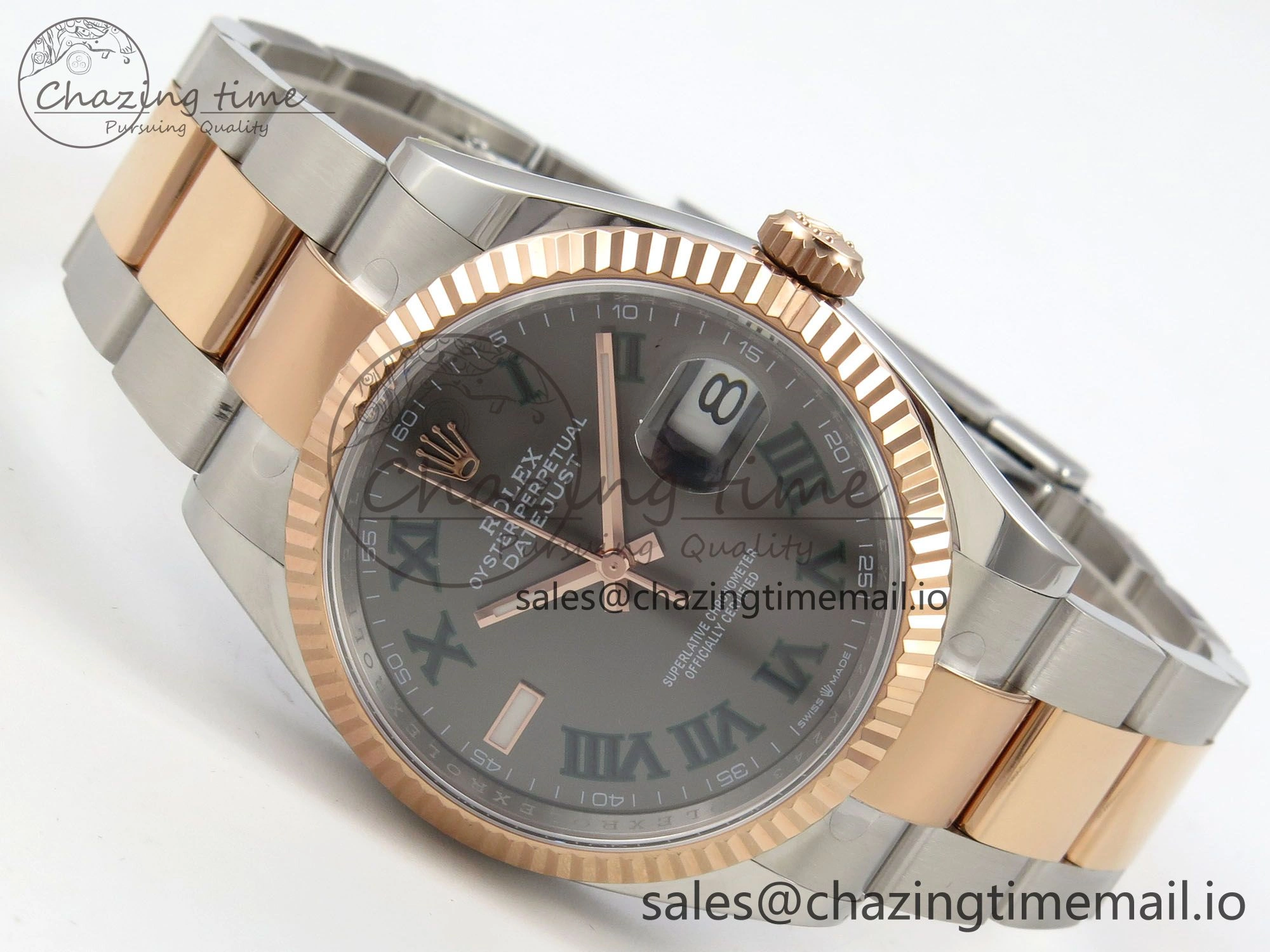 Vibrant DateJust 36 SS RG ARF 1:1 Best Edition 904L Steel Gray Dial Green Roman on Oyster Bracelet SH 73
