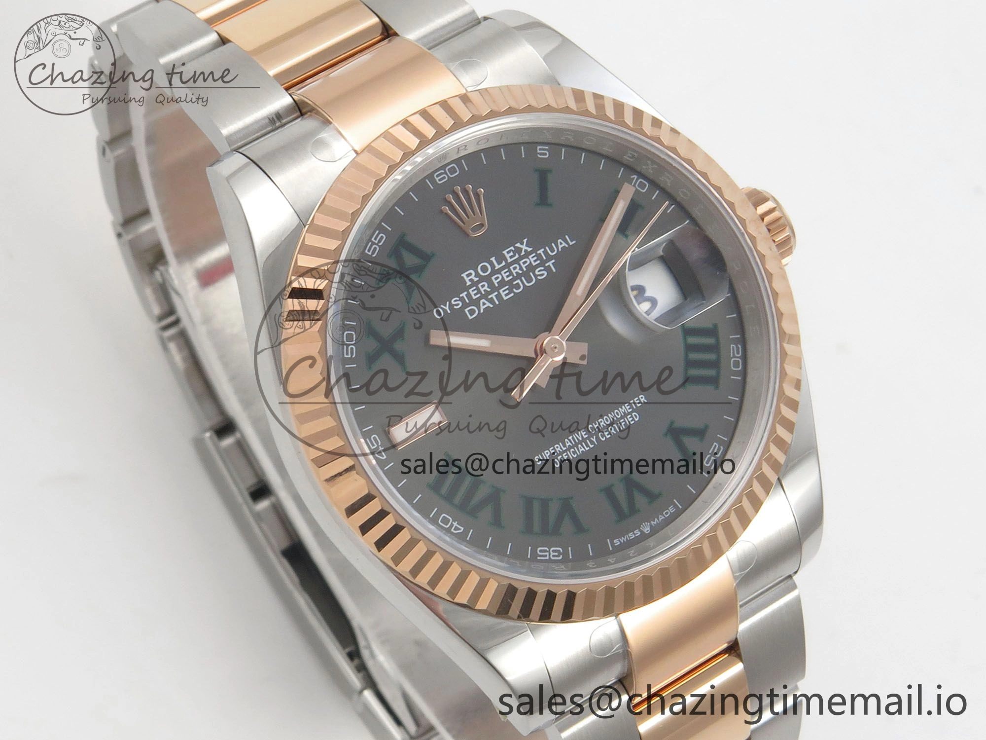 Vibrant DateJust 36 SS RG ARF 1:1 Best Edition 904L Steel Gray Dial Green Roman on Oyster Bracelet SH 73