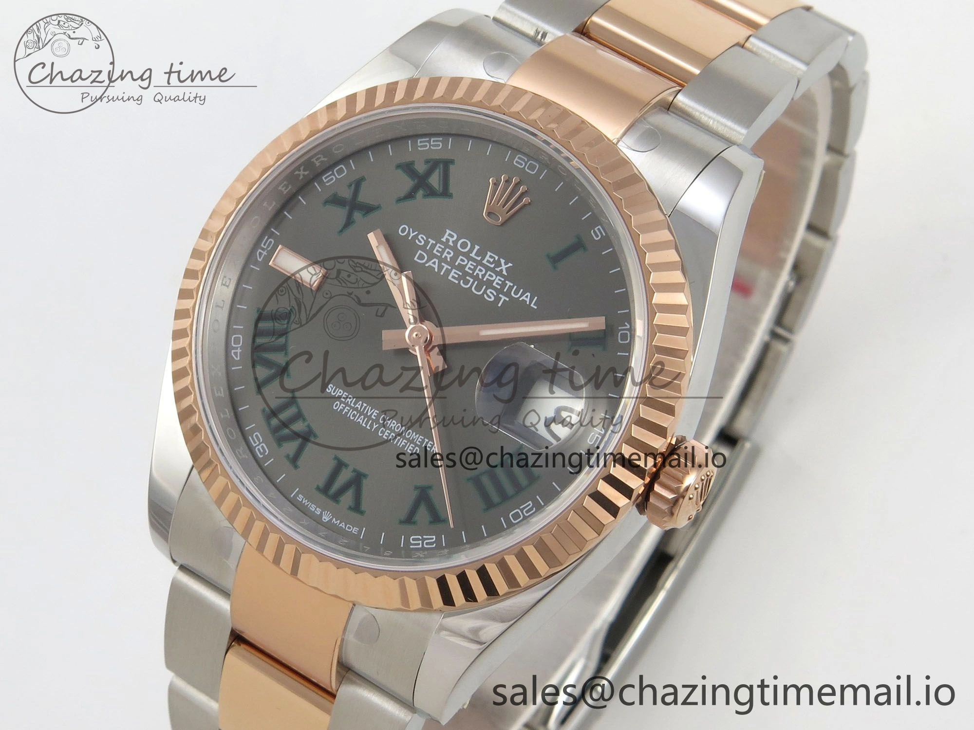 Vibrant DateJust 36 SS RG ARF 1:1 Best Edition 904L Steel Gray Dial Green Roman on Oyster Bracelet SH 73