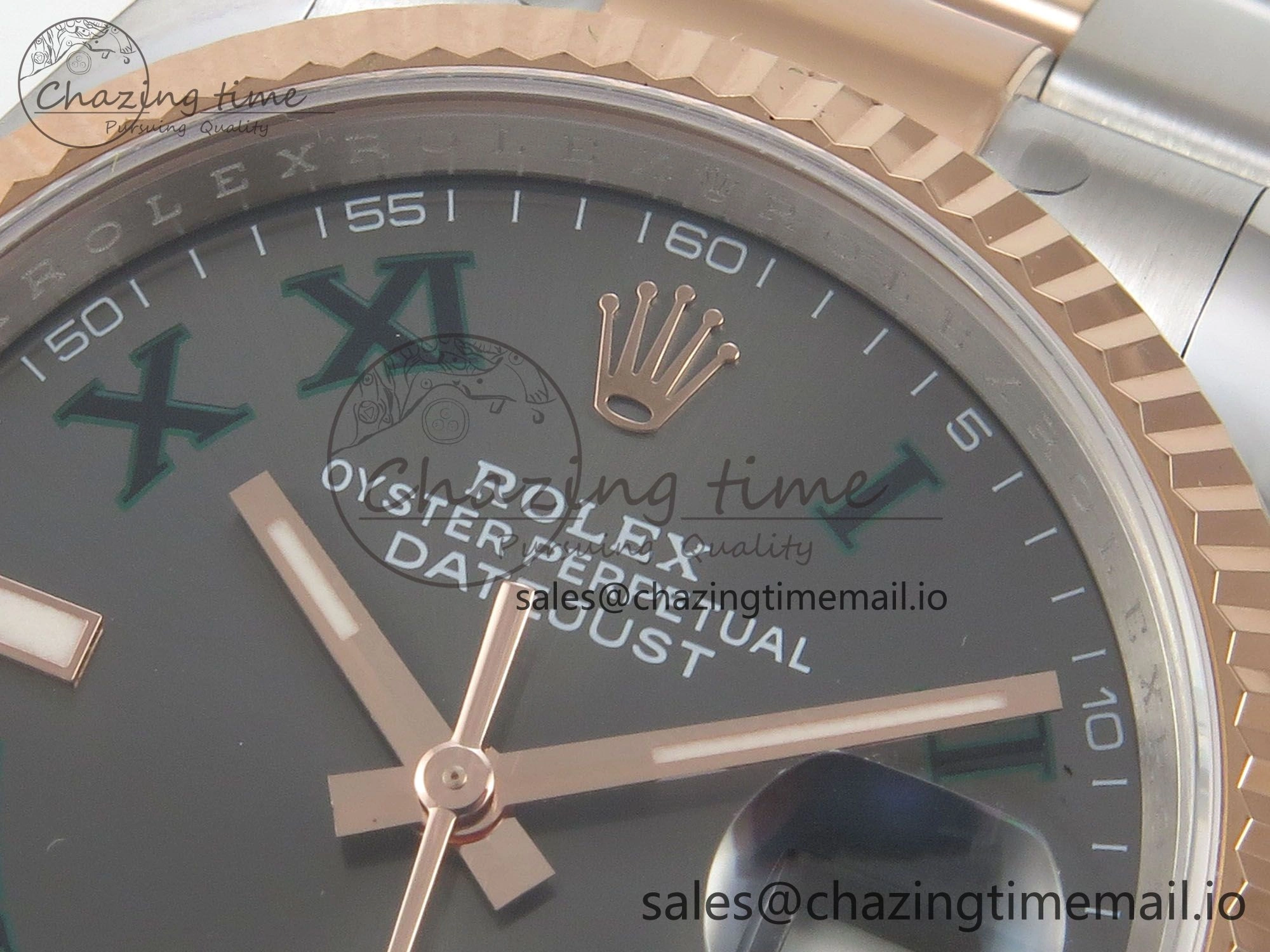 Vibrant DateJust 36 SS RG ARF 1:1 Best Edition 904L Steel Gray Dial Green Roman on Oyster Bracelet SH 73
