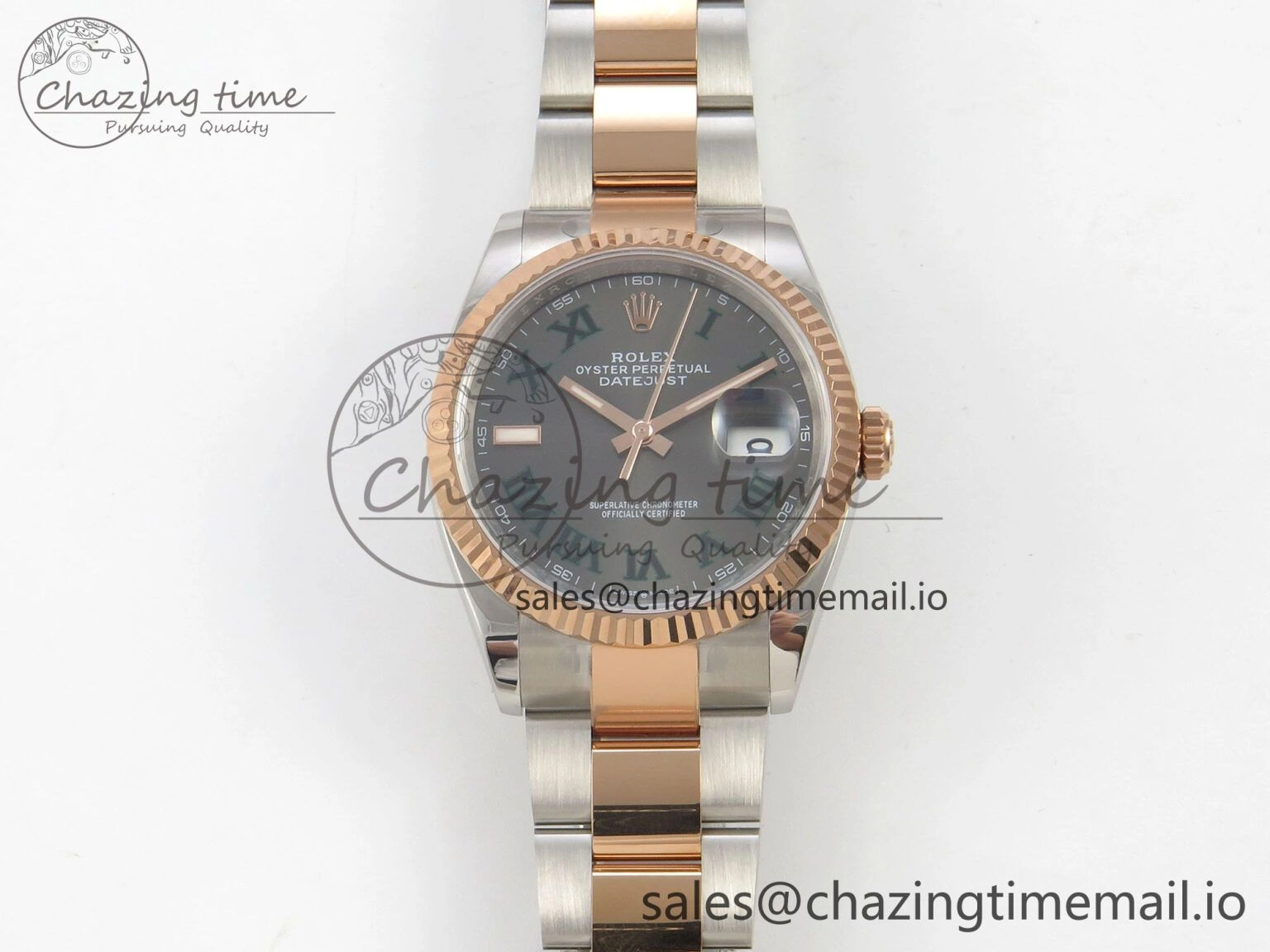 Vibrant DateJust 36 SS RG ARF 1:1 Best Edition 904L Steel Gray Dial Green Roman on Oyster Bracelet SH 73