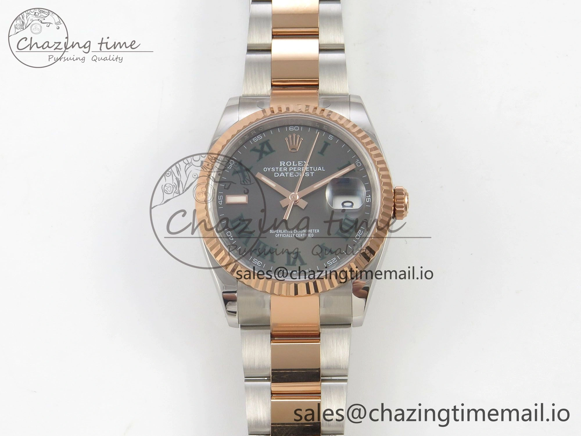 Vibrant DateJust 36 SS RG ARF 1:1 Best Edition 904L Steel Gray Dial Green Roman on Oyster Bracelet SH 73