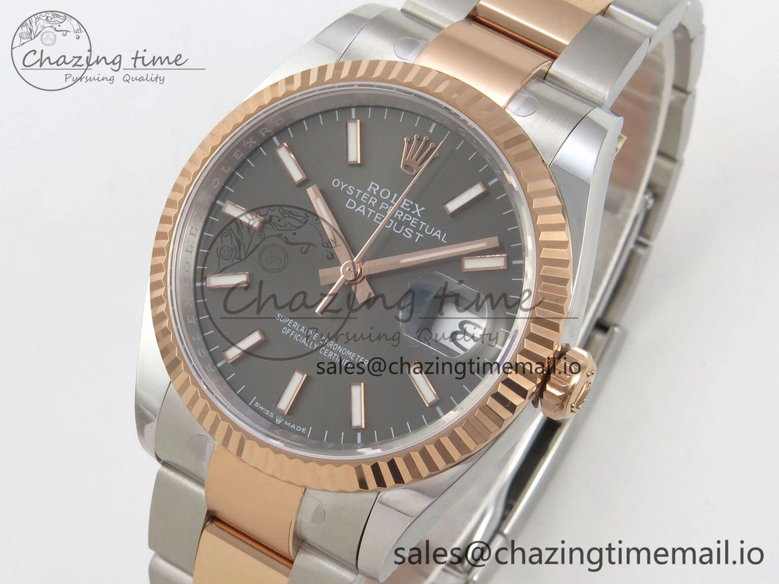DateJust 36 SS RG ARF 1:1 Best Edition 904L Steel Gray Stick Dial on Oyster Bracelet SH SmoothTexture 90