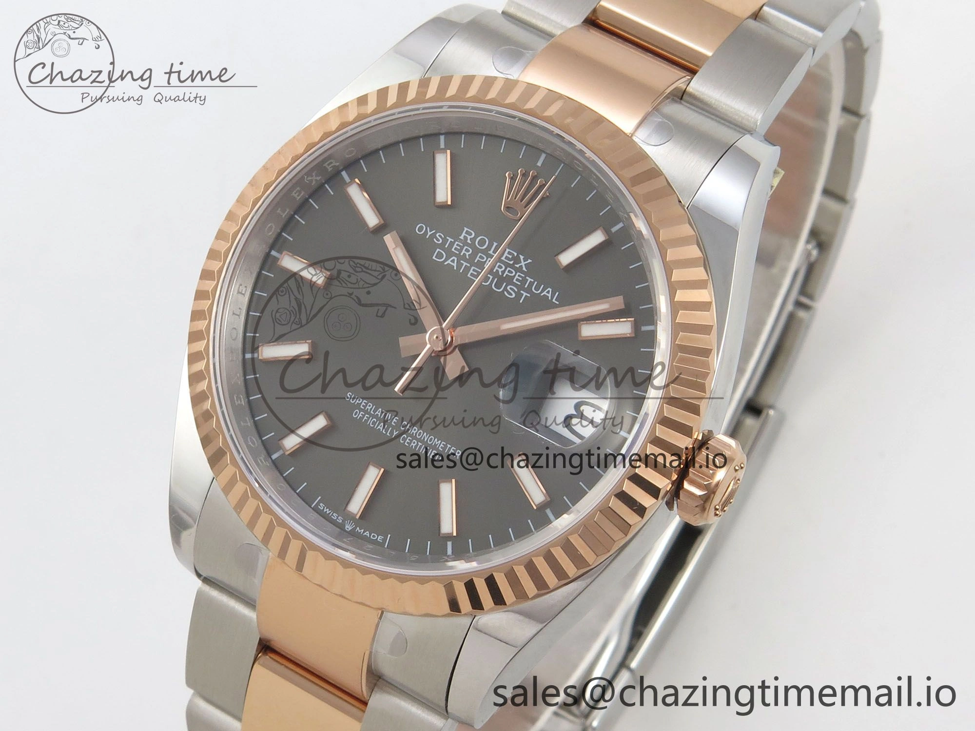 DateJust 36 SS RG ARF 1:1 Best Edition 904L Steel Gray Stick Dial on Oyster Bracelet SH SmoothTexture 90