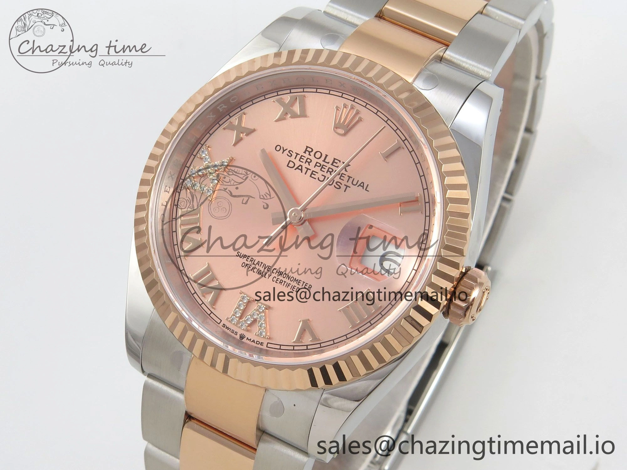 SunProtective DateJust 36 SS RG ARF 1:1 Best Edition 904L Steel RG Roman Dial on Oyster Bracelet SH 80