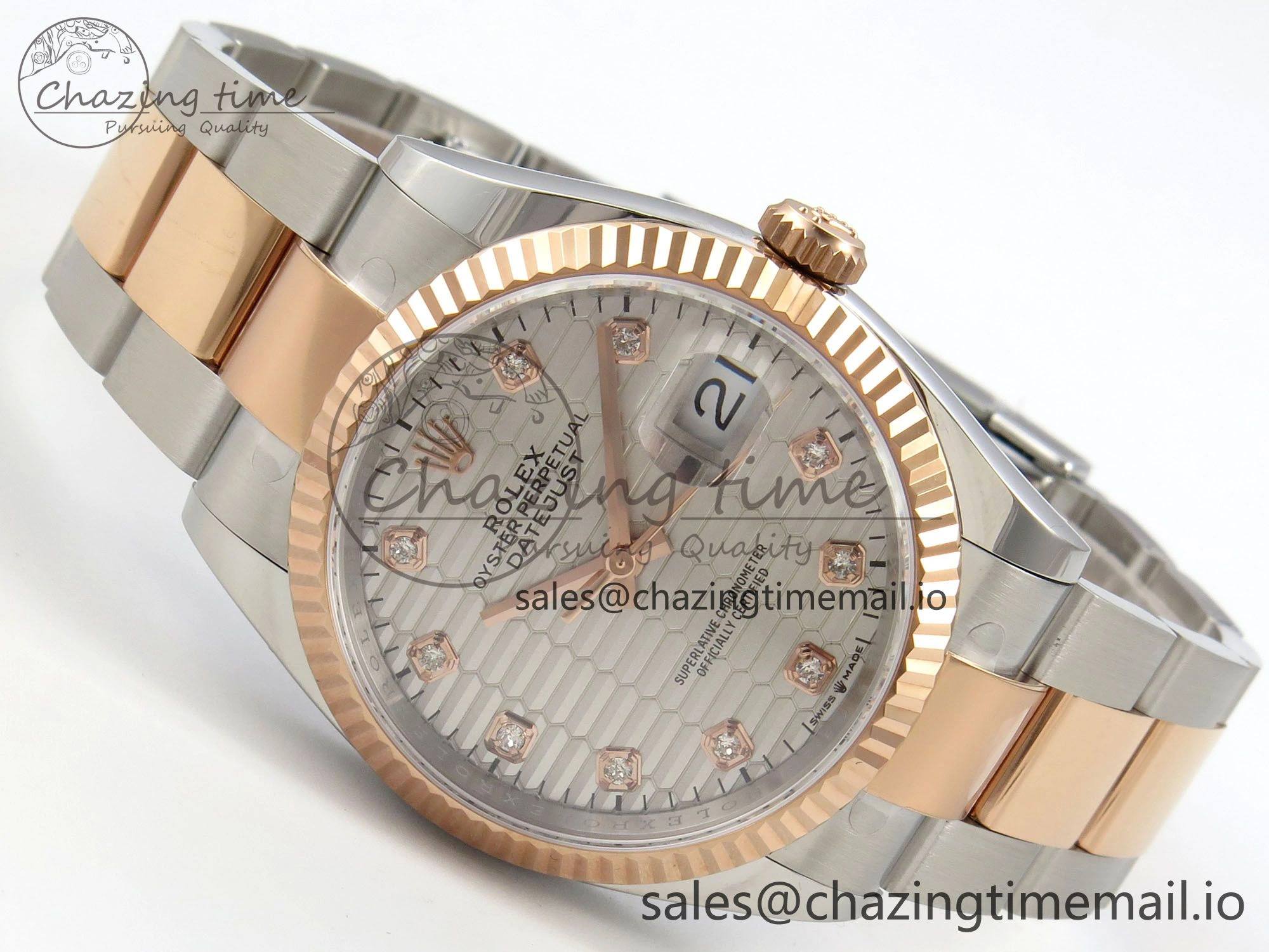 EyeCatching DateJust 36 SS RG ARF 1:1 Best Edition 904L Steel Silver Textured Diamonds Dial on Oyster Bracelet SH 59