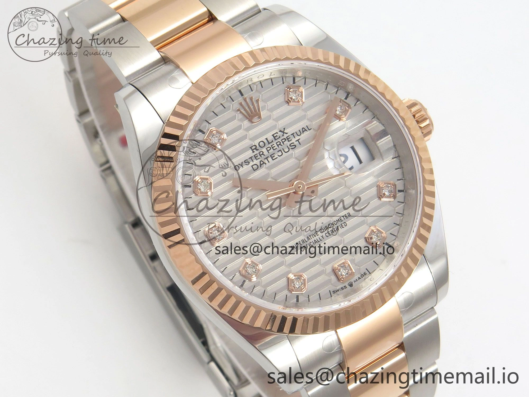 EyeCatching DateJust 36 SS RG ARF 1:1 Best Edition 904L Steel Silver Textured Diamonds Dial on Oyster Bracelet SH 59