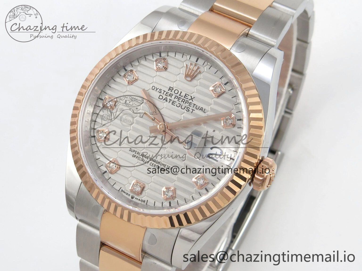 EyeCatching DateJust 36 SS RG ARF 1:1 Best Edition 904L Steel Silver Textured Diamonds Dial on Oyster Bracelet SH 59