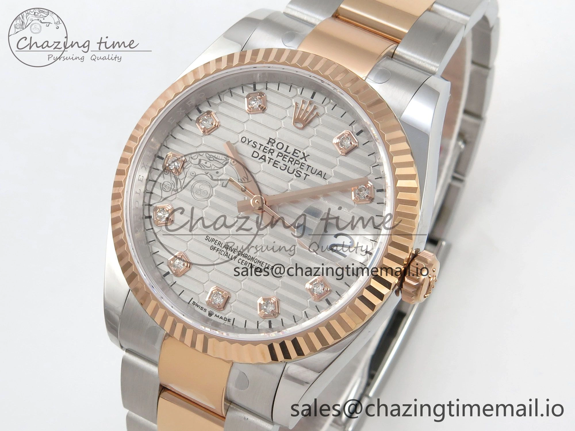 EyeCatching DateJust 36 SS RG ARF 1:1 Best Edition 904L Steel Silver Textured Diamonds Dial on Oyster Bracelet SH 59