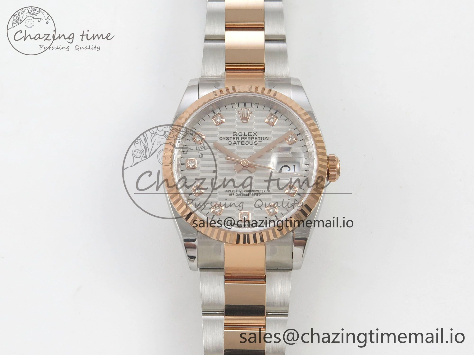 EyeCatching DateJust 36 SS RG ARF 1:1 Best Edition 904L Steel Silver Textured Diamonds Dial on Oyster Bracelet SH 59
