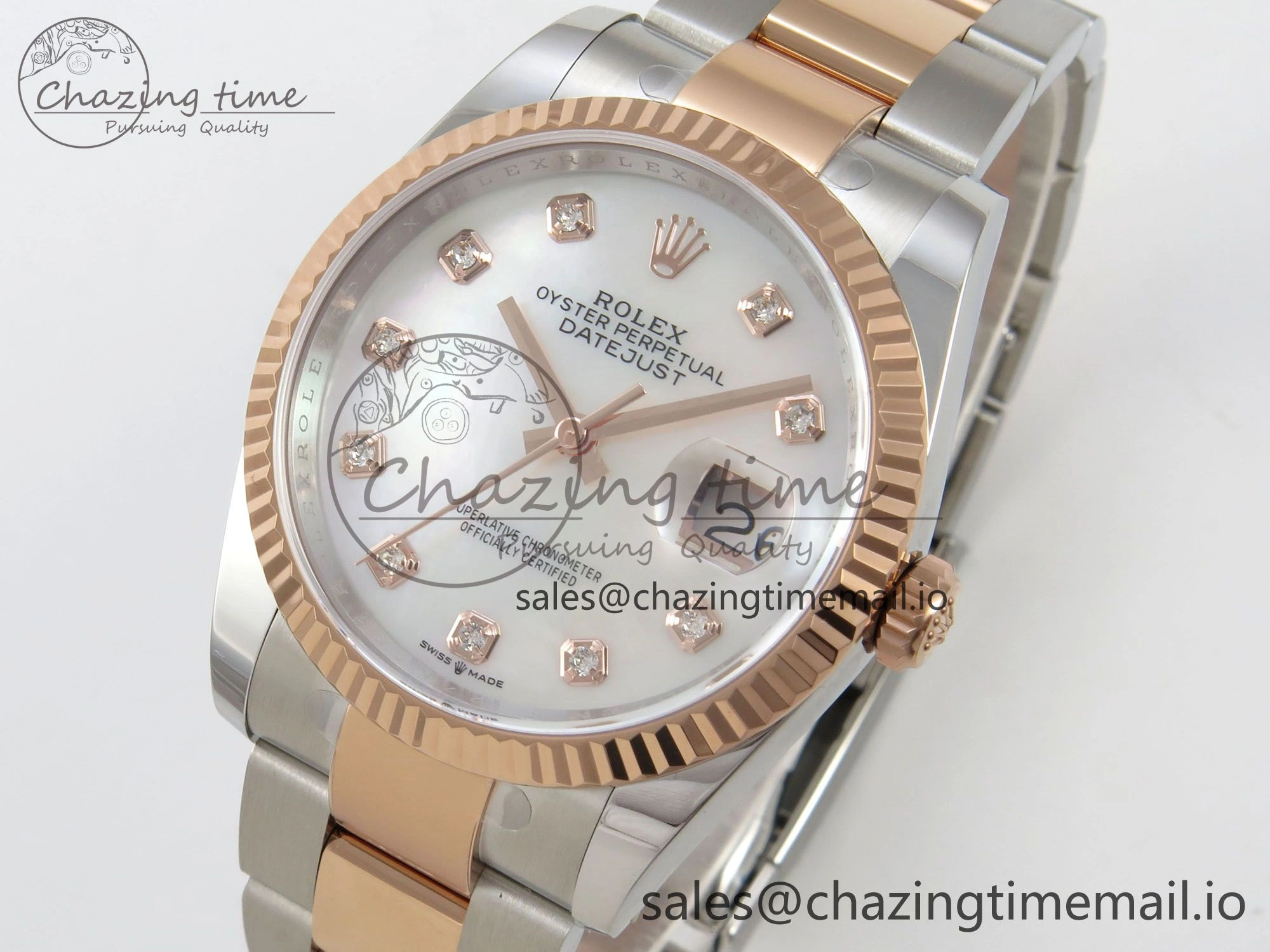 Sleek DateJust 36 SS RG ARF 1:1 Best Edition 904L Steel White MOP Diamonds Dial on Oyster Bracelet SH 57
