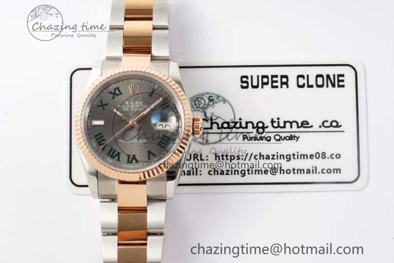 Soft DateJust 36 SS RG DIWF 1:1 Best Edition 904L Steel Gray Dial Green Markers on Oyster Bracelet SA 2326