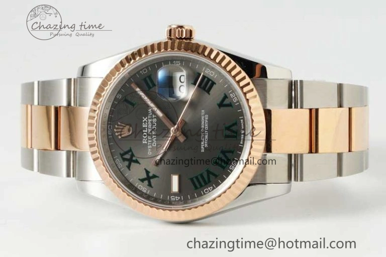 Soft DateJust 36 SS RG DIWF 1:1 Best Edition 904L Steel Gray Dial Green Markers on Oyster Bracelet SA 2326