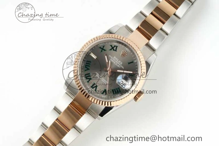 Soft DateJust 36 SS RG DIWF 1:1 Best Edition 904L Steel Gray Dial Green Markers on Oyster Bracelet SA 2326