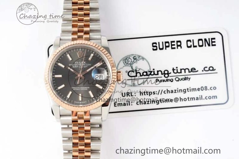 DateJust 36 SS RG DIWF 1:1 Best Edition 904L Steel Gray Stick Dial on Jubilee Bracelet SA Sleek 2321