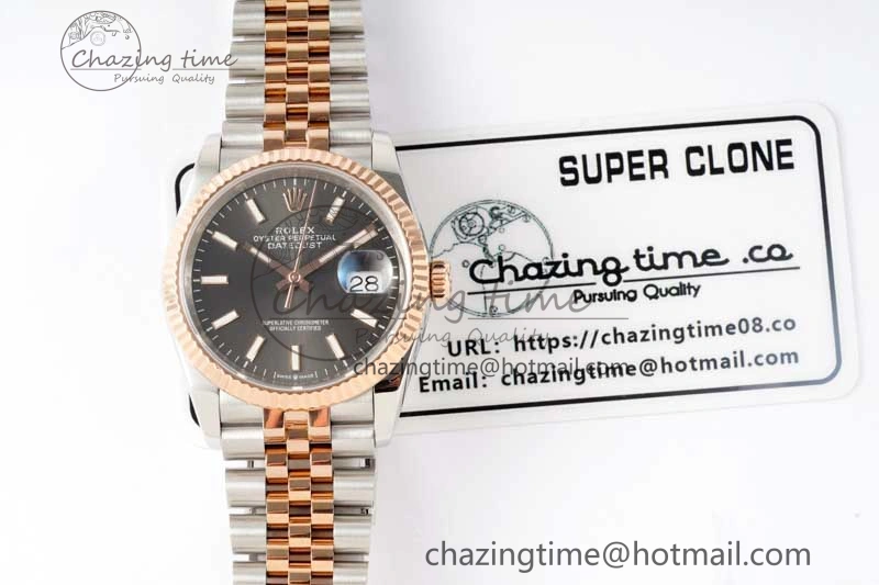 DateJust 36 SS RG DIWF 1:1 Best Edition 904L Steel Gray Stick Dial on Jubilee Bracelet SA Sleek 2321