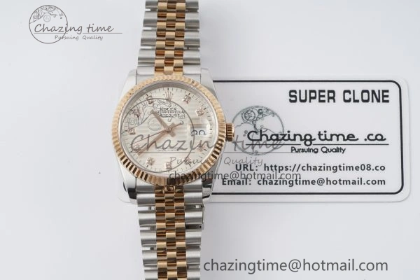 Snug DateJust 36 SS RG Gold Wrapped JDF 1:1 Best Edition Silver Diamonds Textured Dial on Jubilee Bracelet VR3235 V 2196