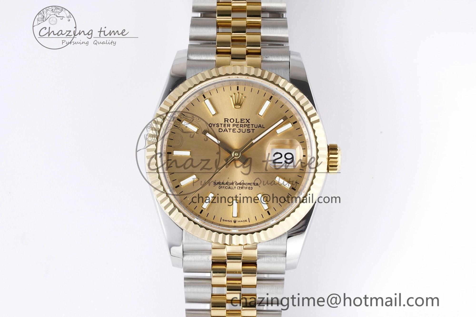 WrinkleFree DateJust 36 SS YG 126233 JDF YG Plated 904L Steel YG Dial Stick Markers on Jubilee Bracelet V 1753