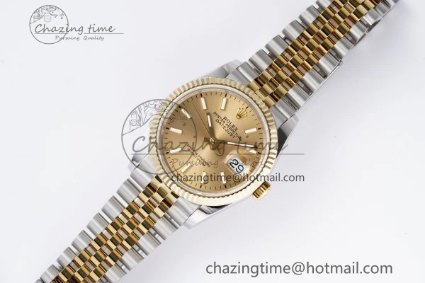 WrinkleFree DateJust 36 SS YG 126233 JDF YG Plated 904L Steel YG Dial Stick Markers on Jubilee Bracelet V 1753