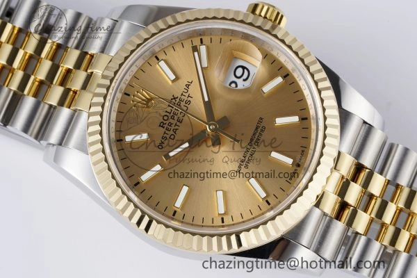 WrinkleFree DateJust 36 SS YG 126233 JDF YG Plated 904L Steel YG Dial Stick Markers on Jubilee Bracelet V 1753