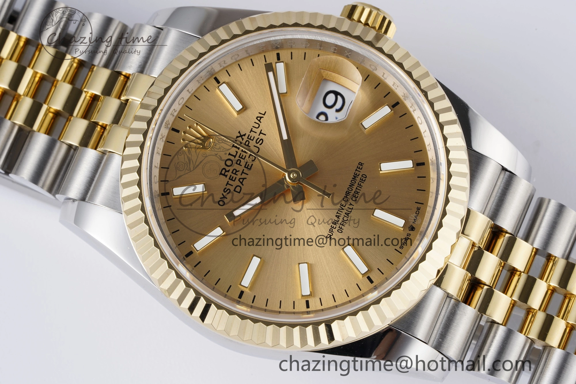 WrinkleFree DateJust 36 SS YG 126233 JDF YG Plated 904L Steel YG Dial Stick Markers on Jubilee Bracelet V 1753