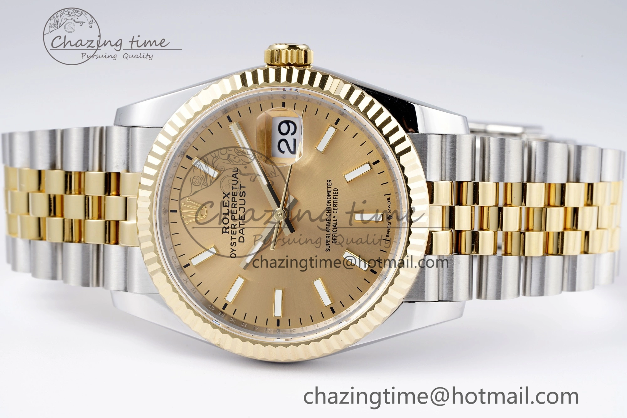 WrinkleFree DateJust 36 SS YG 126233 JDF YG Plated 904L Steel YG Dial Stick Markers on Jubilee Bracelet V 1753