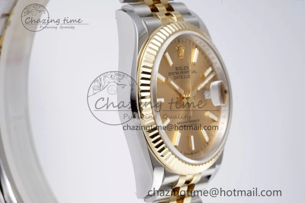 WrinkleFree DateJust 36 SS YG 126233 JDF YG Plated 904L Steel YG Dial Stick Markers on Jubilee Bracelet V 1753