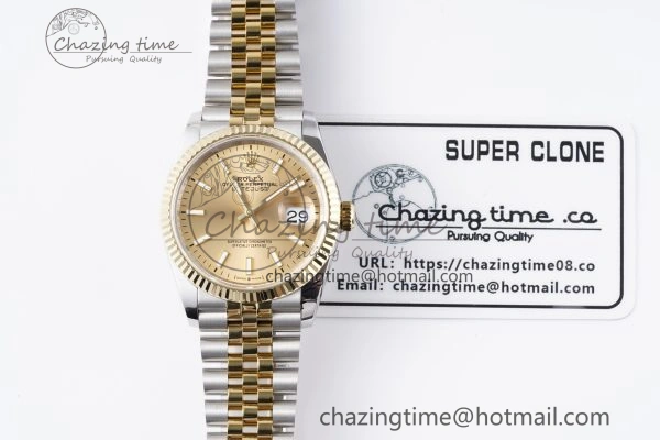 WrinkleFree DateJust 36 SS YG 126233 JDF YG Plated 904L Steel YG Dial Stick Markers on Jubilee Bracelet V 1753