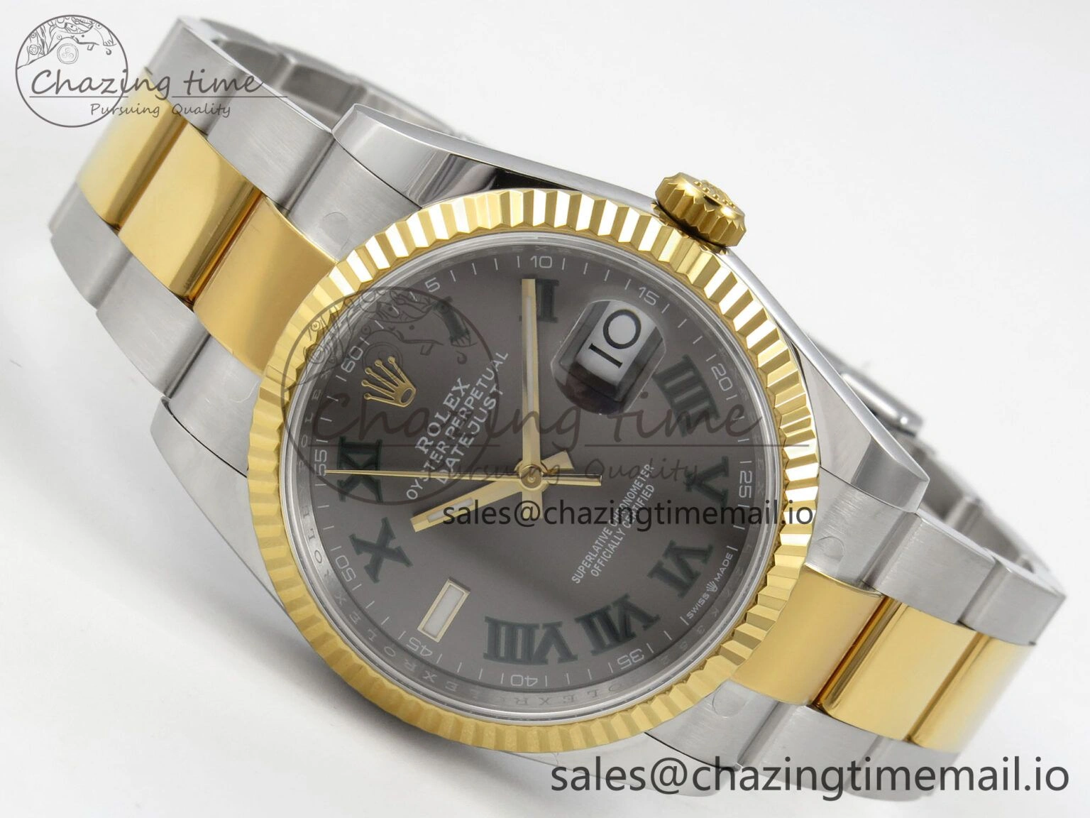 DateJust 36 SS YG ARF 1:1 Best Edition 904L Steel Gray Dial Green Roman on Oyster Bracelet SH SmoothTexture 96