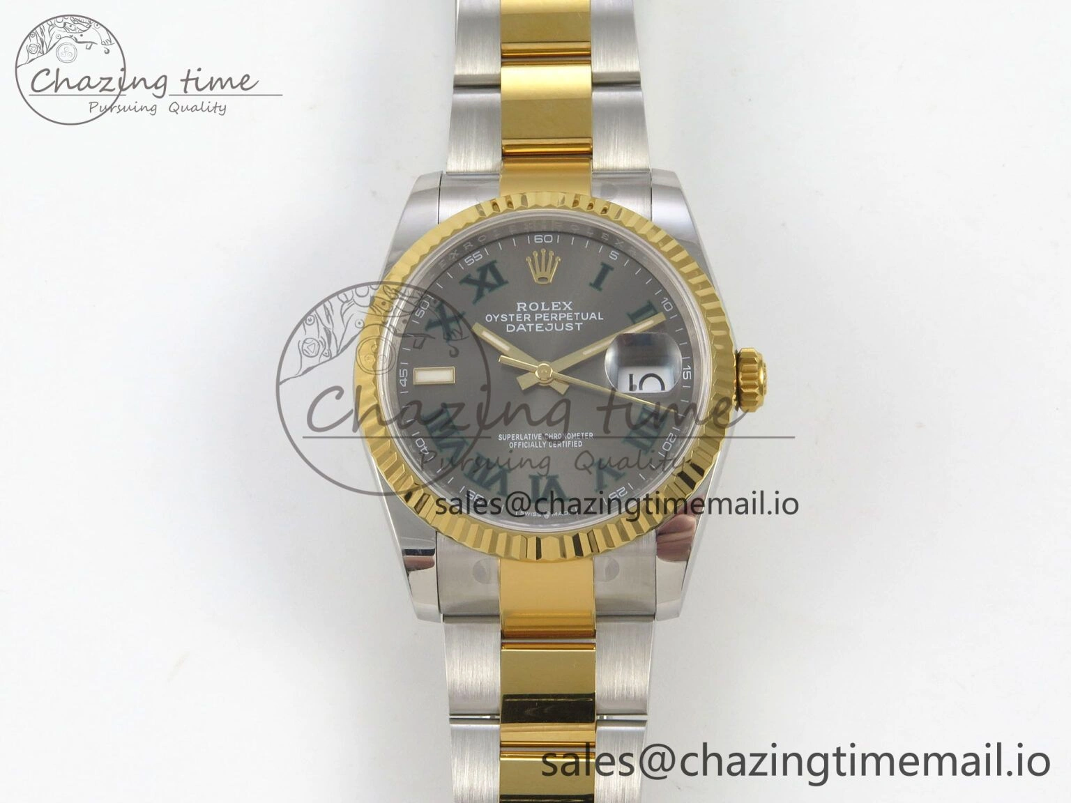 DateJust 36 SS YG ARF 1:1 Best Edition 904L Steel Gray Dial Green Roman on Oyster Bracelet SH SmoothTexture 96