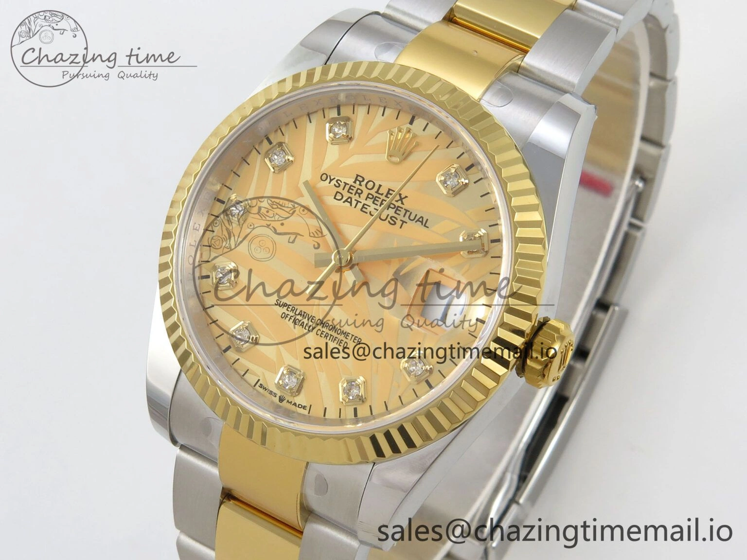 Stretchable DateJust 36 SS YG ARF 1:1 Best Edition 904L Steel YG Leaf Diamonds Dial on Oyster Bracelet SH 87