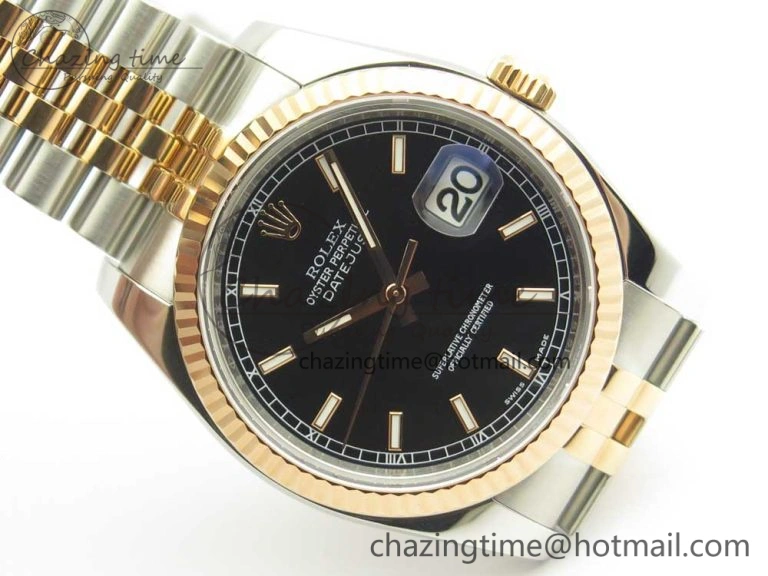 EyeCatching DateJust 36mm 116231 SS RG 904L ARF 1:1 Best Edition Black Dial Sticks Markers on 904L SS RG Jubilee Bracelet SA 10661