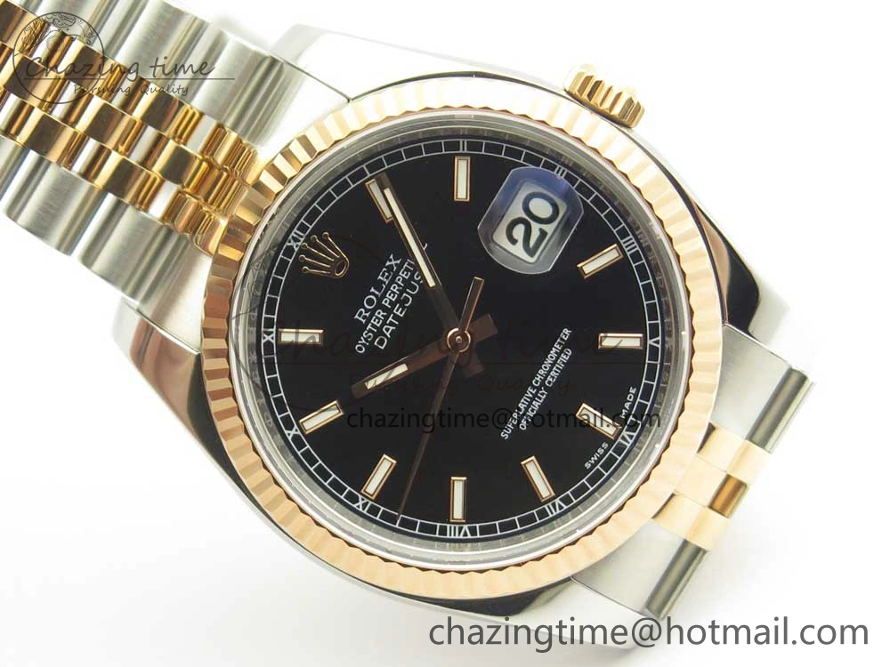 EyeCatching DateJust 36mm 116231 SS RG 904L ARF 1:1 Best Edition Black Dial Sticks Markers on 904L SS RG Jubilee Bracelet SA 10661