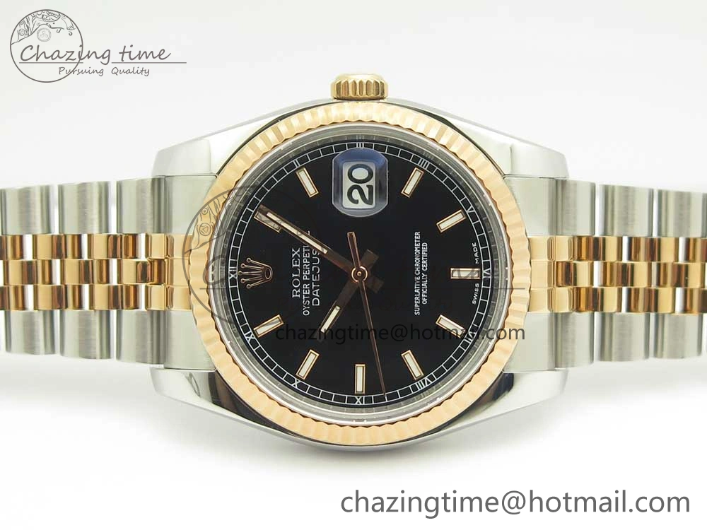 EyeCatching DateJust 36mm 116231 SS RG 904L ARF 1:1 Best Edition Black Dial Sticks Markers on 904L SS RG Jubilee Bracelet SA 10661