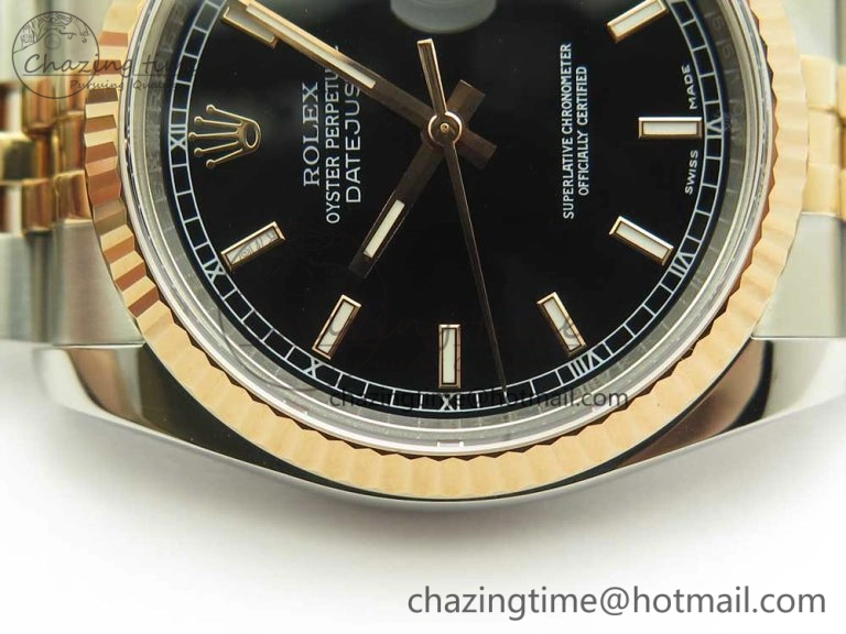 EyeCatching DateJust 36mm 116231 SS RG 904L ARF 1:1 Best Edition Black Dial Sticks Markers on 904L SS RG Jubilee Bracelet SA 10661